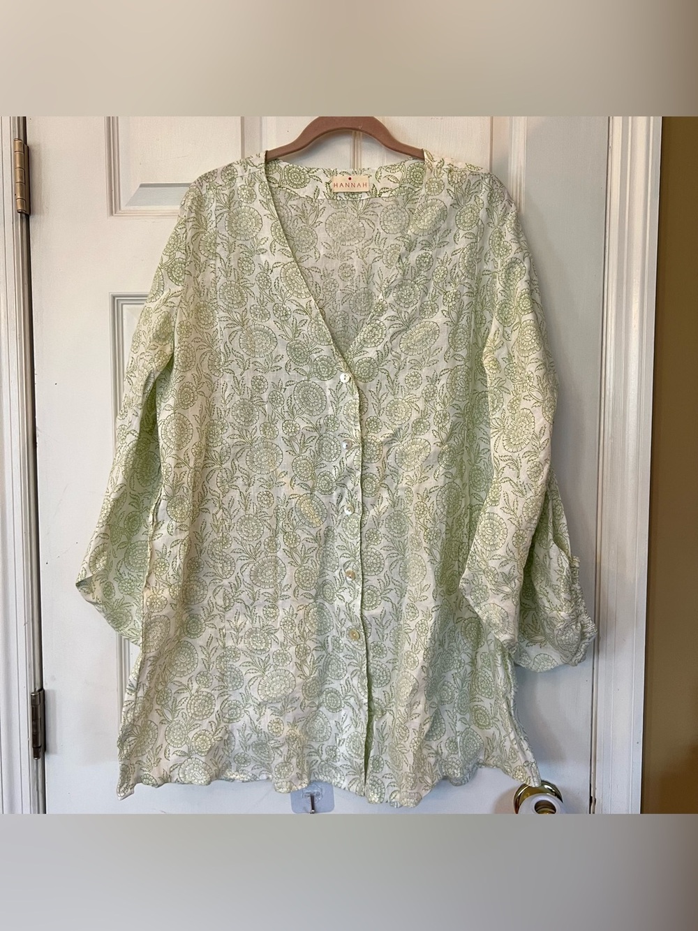 Hannah Artwear Green Floral Linen Top Balloon Sleeves Boho Hippie Sz L PLS READ